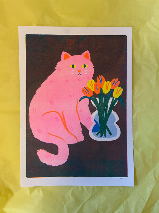 Cat with vase riso print ( reduced)